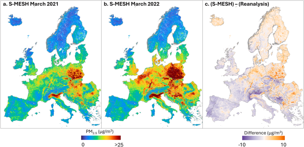 S-MESH-based PM2.5 averages for March 2021 and March 2022, with the difference from reanalysis.
